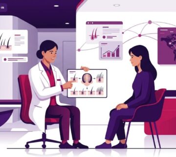 رسم توضيحي يظهر طبيباً يشرح عملية زراعة الشعر لمريض في عيادة حديثة توضح افضل مكان لزراعة الشعر في العالم 