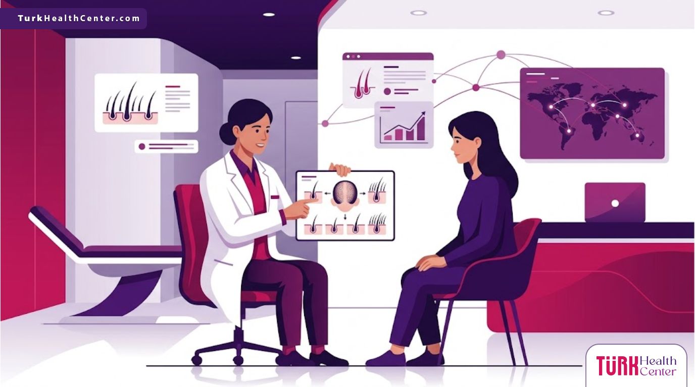 رسم توضيحي يظهر طبيباً يشرح عملية زراعة الشعر لمريض في عيادة حديثة توضح افضل مكان لزراعة الشعر في العالم 