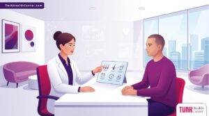 رسم توضيحي يظهر طبيب يشرح الآثار الجانبية بعد عملية زراعة الشعر للمريض داخل عيادة حديثة 