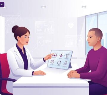 رسم توضيحي يظهر طبيب يشرح الآثار الجانبية بعد عملية زراعة الشعر للمريض داخل عيادة حديثة 