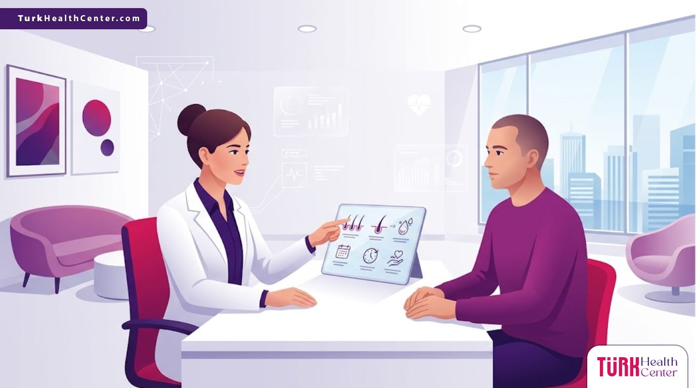 رسم توضيحي يظهر طبيب يشرح الآثار الجانبية بعد عملية زراعة الشعر للمريض داخل عيادة حديثة 