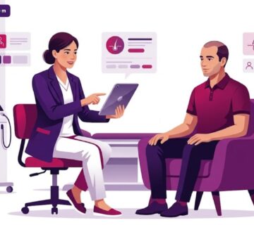 رسم توضيحي يظهر طبيب يشرح كيفية الأعتناء بشعرك بعد عملية زراعة الشعر لمريض في عيادة حديثة 