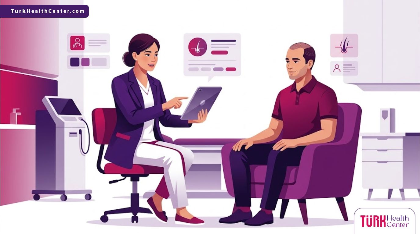 رسم توضيحي يظهر طبيب يشرح كيفية الأعتناء بشعرك بعد عملية زراعة الشعر لمريض في عيادة حديثة 