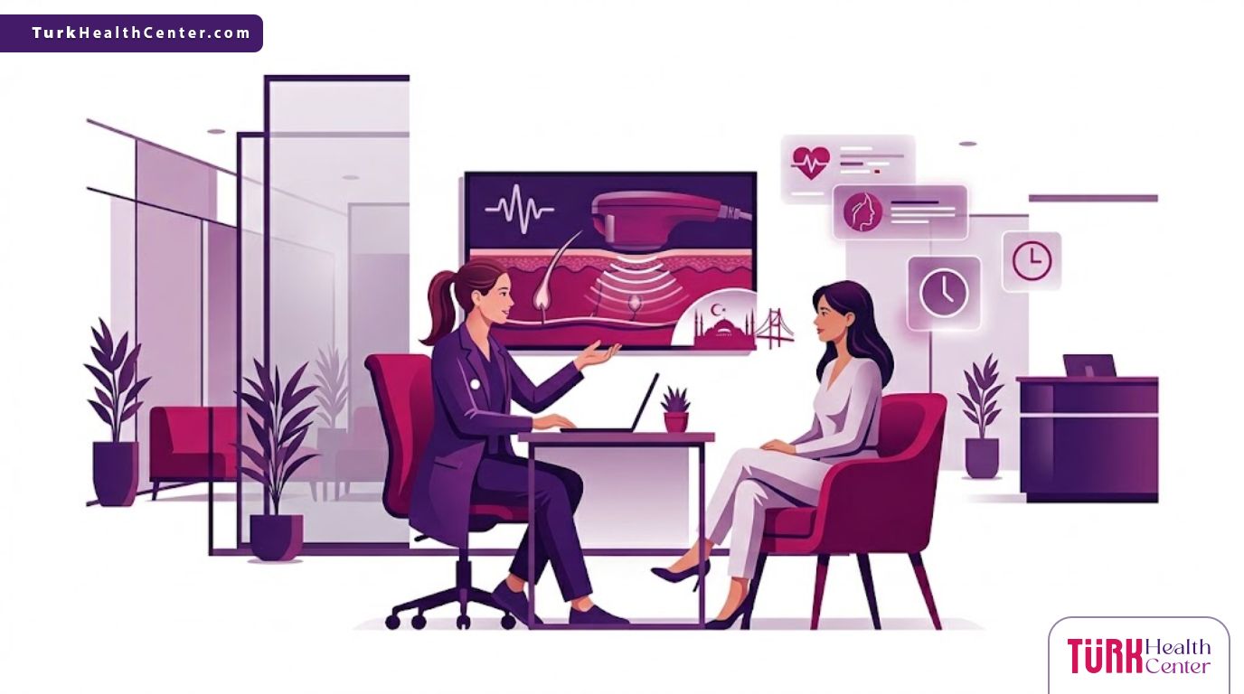 رسوم توضيحية لعيادة حديثة تشرح تقنية الأولثيرا في تركيا لشد الوجه 