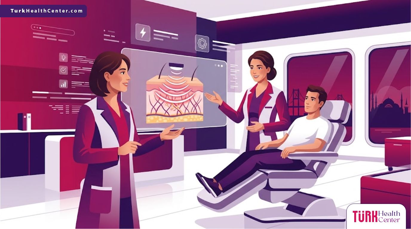رسوم توضيحية فاخرة لعيادة طبية حديثة تشرح تقنية الترددات الراديوية في تركيا للمرضى 