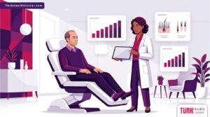 رسومات توضيحية لعيادة فاخرة تشرح التطورات الحديثة في مجال زراعة الشعر وكيفية التعامل مع المرضى 