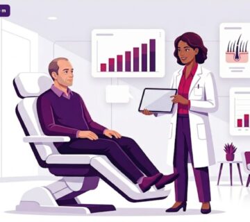 رسومات توضيحية لعيادة فاخرة تشرح التطورات الحديثة في مجال زراعة الشعر وكيفية التعامل مع المرضى 