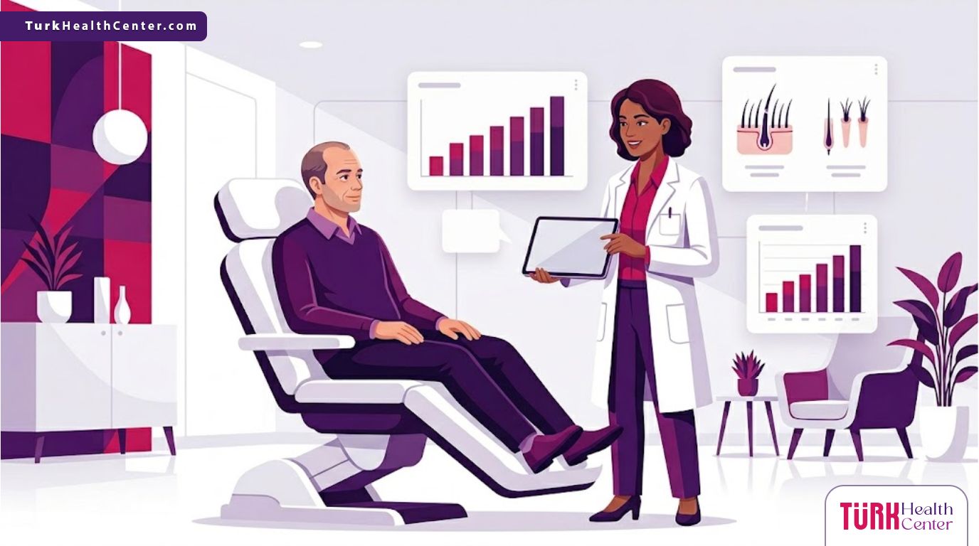 رسومات توضيحية لعيادة فاخرة تشرح التطورات الحديثة في مجال زراعة الشعر وكيفية التعامل مع المرضى 