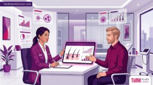 رسم توضيحي يظهر طبيبًا يشرح التطورات والمستجدات في علاج الصلع لمريض داخل عيادة حديثة 