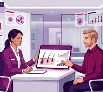 رسم توضيحي يظهر طبيبًا يشرح التطورات والمستجدات في علاج الصلع لمريض داخل عيادة حديثة 