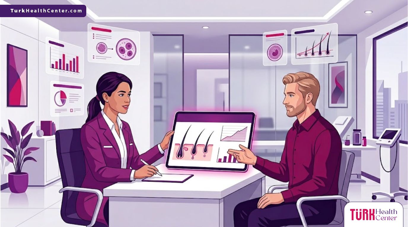 رسم توضيحي يظهر طبيبًا يشرح التطورات والمستجدات في علاج الصلع لمريض داخل عيادة حديثة 