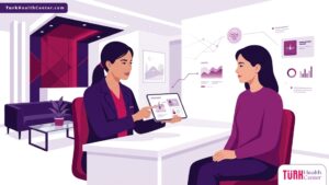 رسم توضيحي متطور لطبيب يشرح مزايا وتفاصيل التقشير الكيميائي في تركيا داخل عيادة تجميل فاخرة 