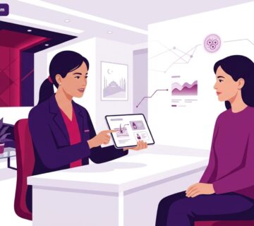 رسم توضيحي متطور لطبيب يشرح مزايا وتفاصيل التقشير الكيميائي في تركيا داخل عيادة تجميل فاخرة 