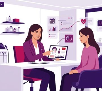 رسم توضيحي يظهر طبيب يشرح عملية التقشير الكيميائي للوجه في تركيا لمريض داخل عيادة حديثة 