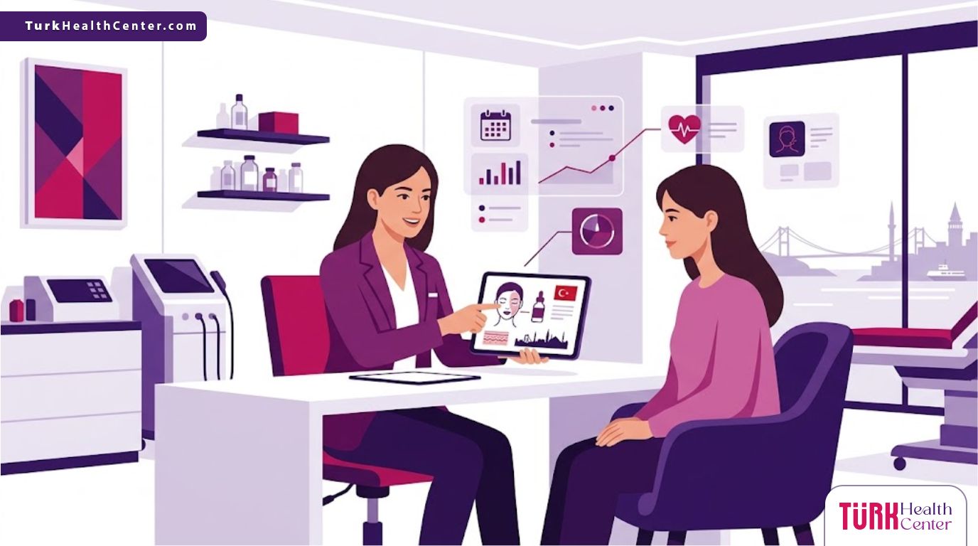 رسم توضيحي يظهر طبيب يشرح عملية التقشير الكيميائي للوجه في تركيا لمريض داخل عيادة حديثة 