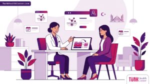 رسم توضيحي لعيادة طبية فاخرة يشرح فيها الطبيب إجراءات التقشير بالفينول في تركيا للمريض 