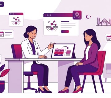 رسم توضيحي لعيادة طبية فاخرة يشرح فيها الطبيب إجراءات التقشير بالفينول في تركيا للمريض 