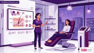 رسم توضيحي لطبيب يشرح خطوات التقشير بالكريستال في تركيا لمريضة داخل عيادة تجميل حديثة 