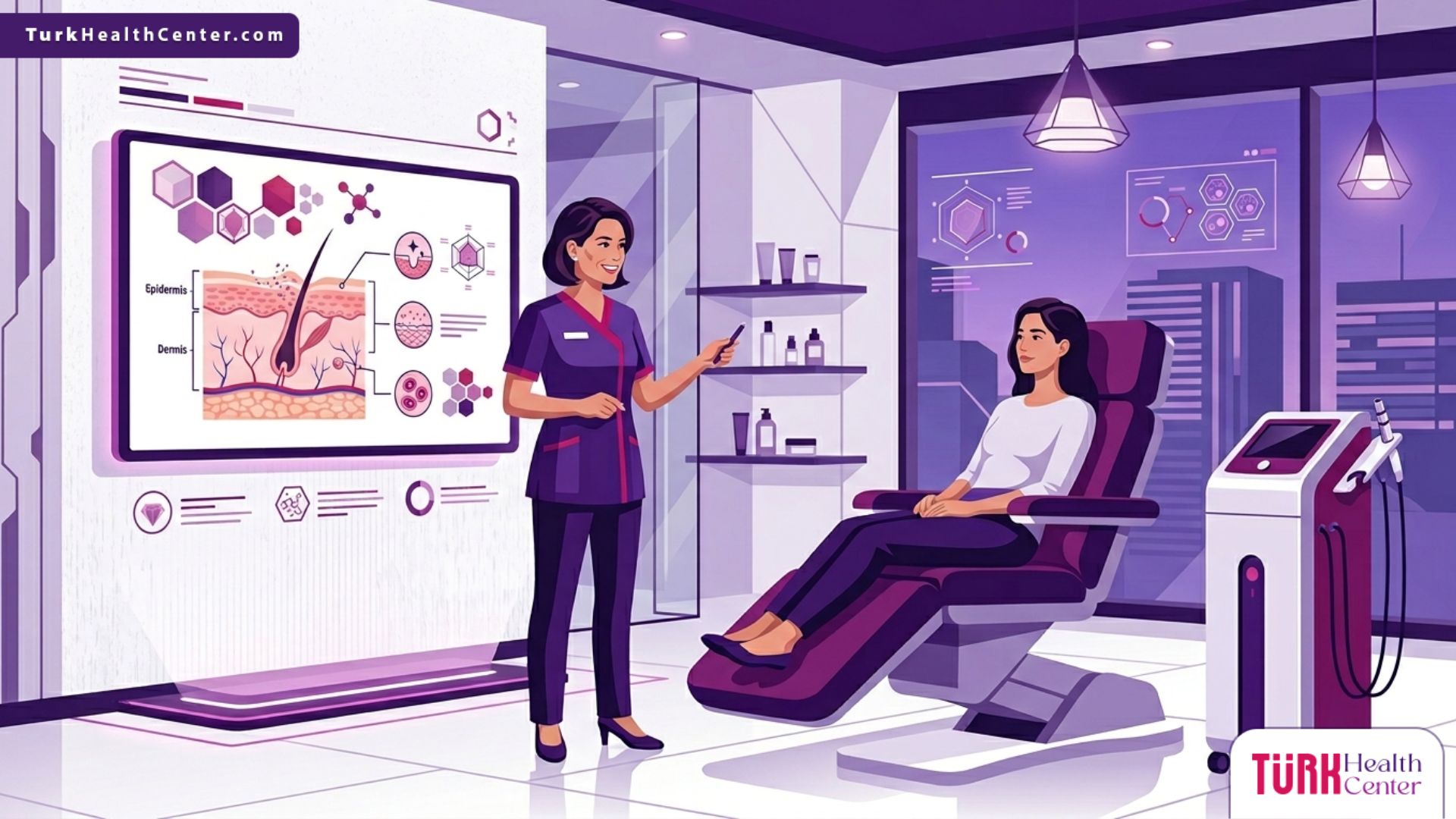 رسم توضيحي لطبيب يشرح خطوات التقشير بالكريستال في تركيا لمريضة داخل عيادة تجميل حديثة 