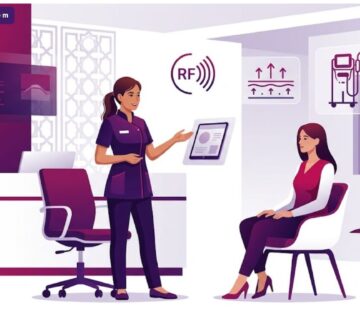 رسم توضيحي عصري يظهر طبيب يشرح تقنية الثيرماج في تركيا لمريض داخل عيادة فاخرة بألوان أرجوانية مميزة 