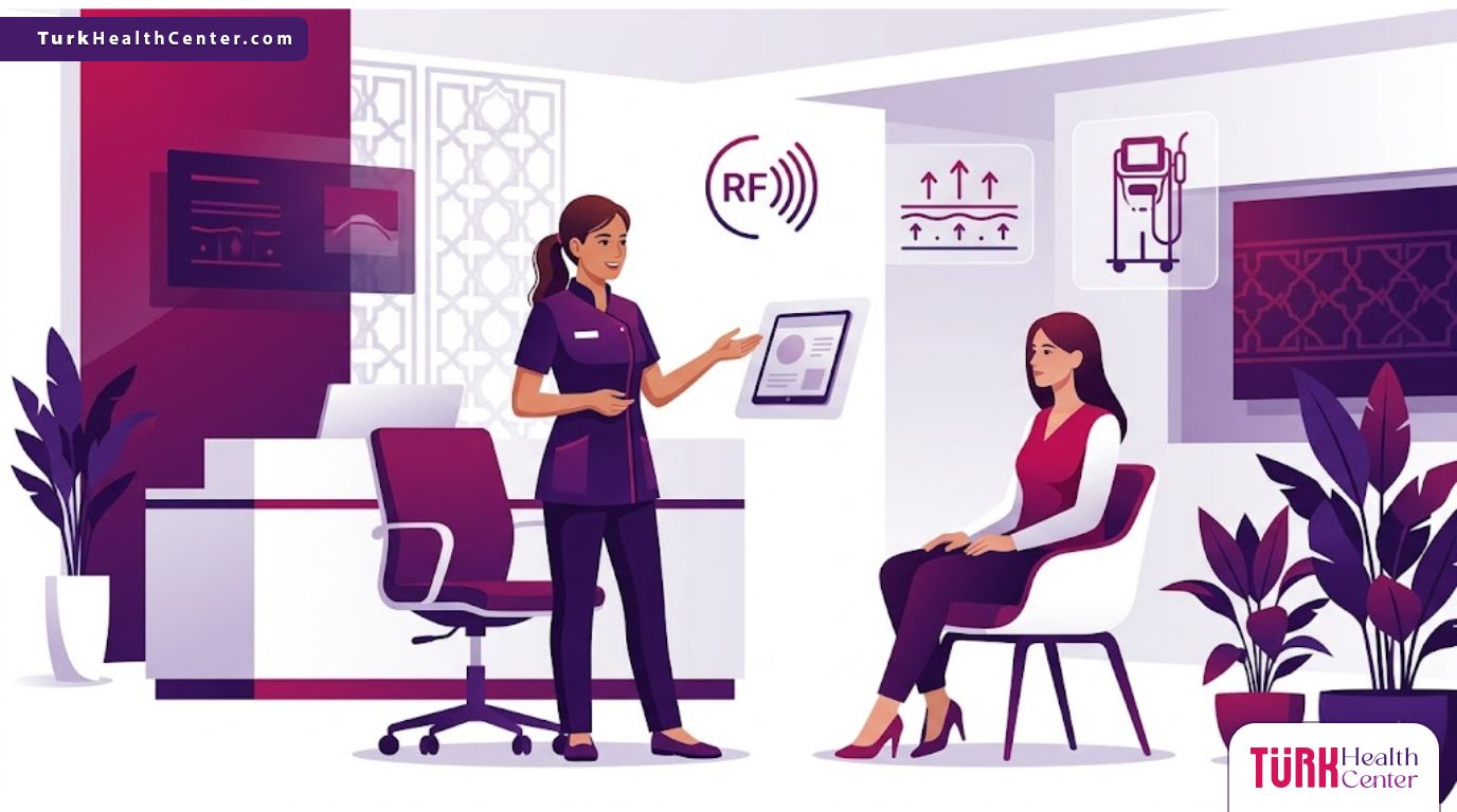 رسم توضيحي عصري يظهر طبيب يشرح تقنية الثيرماج في تركيا لمريض داخل عيادة فاخرة بألوان أرجوانية مميزة 