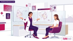 رسم توضيحي يظهر طبيباً يشرح تفاصيل إجراء الخيوط الذهبية في تركيا لمريضة داخل عيادة تجميل فاخرة 