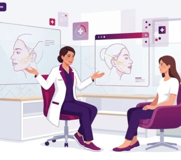 رسم توضيحي يظهر طبيباً يشرح تفاصيل إجراء الخيوط الذهبية في تركيا لمريضة داخل عيادة تجميل فاخرة 