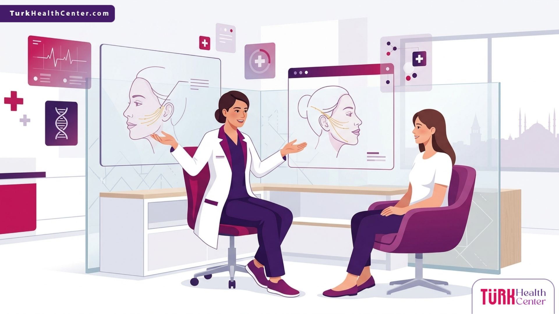 رسم توضيحي يظهر طبيباً يشرح تفاصيل إجراء الخيوط الذهبية في تركيا لمريضة داخل عيادة تجميل فاخرة 