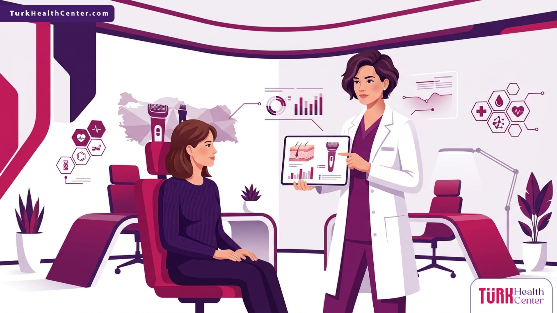 طبيب متخصص يشرح إجراءات وعيادة الديرمابن في تركيا لمريضة مهتمة بتجميل البشرة 