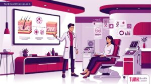 رسم توضيحي يظهر طبيب يشرح عملية الشد بالبلازما في تركيا لمريض داخل عيادة فاخرة بأسلوب فني عصري 