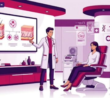 رسم توضيحي يظهر طبيب يشرح عملية الشد بالبلازما في تركيا لمريض داخل عيادة فاخرة بأسلوب فني عصري 