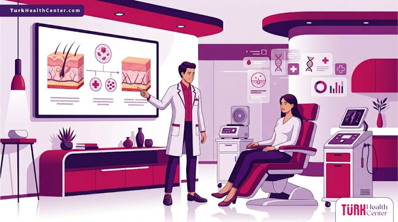 رسم توضيحي يظهر طبيب يشرح عملية الشد بالبلازما في تركيا لمريض داخل عيادة فاخرة بأسلوب فني عصري 