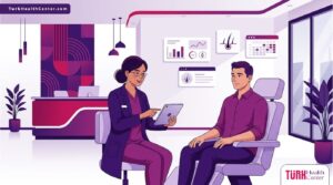 رسوم توضيحية فيكتور لعيادة طبية حديثة يشرح فيها الطبيب كيفية العناية بـ الشعر المزروع للمريض 