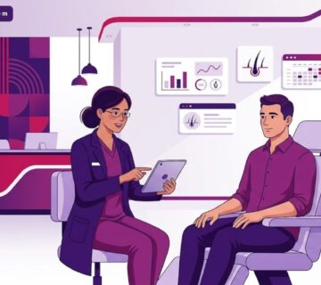 رسوم توضيحية فيكتور لعيادة طبية حديثة يشرح فيها الطبيب كيفية العناية بـ الشعر المزروع للمريض 