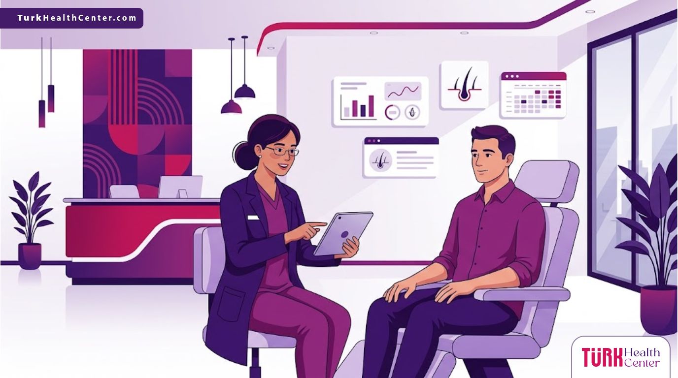 رسوم توضيحية فيكتور لعيادة طبية حديثة يشرح فيها الطبيب كيفية العناية بـ الشعر المزروع للمريض 