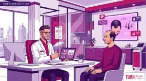 رسوم توضيحية عصرية لطبيب يشرح طرق علاج الصلع لدى الرجال اسبابه وعلاجه داخل عيادة فاخرة 