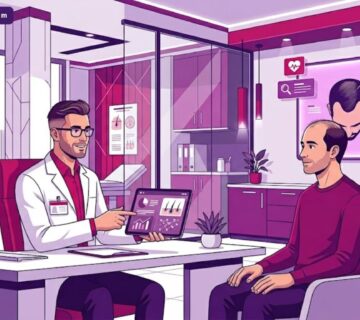 رسوم توضيحية عصرية لطبيب يشرح طرق علاج الصلع لدى الرجال اسبابه وعلاجه داخل عيادة فاخرة 