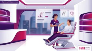 رسوم توضيحية لعيادة طبية حديثة توضح جلسة استشارية حول العناية بالشعر بعد الزراعة 