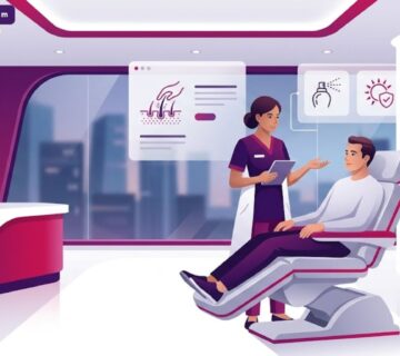 رسوم توضيحية لعيادة طبية حديثة توضح جلسة استشارية حول العناية بالشعر بعد الزراعة 