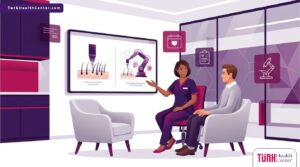 رسم توضيحي يوضح الفرق بين زراعة الشعر الروبوت و FUE داخل عيادة طبية حديثة بأسلوب فيكتور راقي 