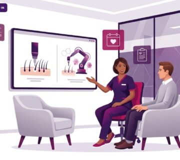 رسم توضيحي يوضح الفرق بين زراعة الشعر الروبوت و FUE داخل عيادة طبية حديثة بأسلوب فيكتور راقي 