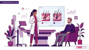 رسوم توضيحية طبية تشرح الفرق بين FUE والخلايا الجذعية داخل عيادة متطورة 