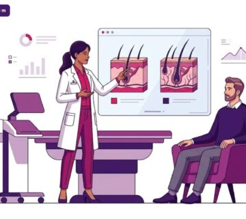 رسوم توضيحية طبية تشرح الفرق بين FUE والخلايا الجذعية داخل عيادة متطورة 