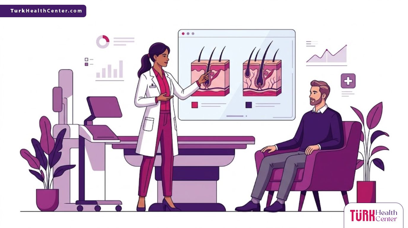 رسوم توضيحية طبية تشرح الفرق بين FUE والخلايا الجذعية داخل عيادة متطورة 