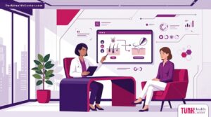 رسم توضيحي يظهر طبيب يشرح الفرق بين تقنية FUE والبيركوتان لمريض في عيادة حديثة 