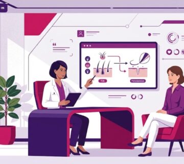 رسم توضيحي يظهر طبيب يشرح الفرق بين تقنية FUE والبيركوتان لمريض في عيادة حديثة 