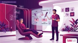 رسم توضيحي يوضح الفرق بين تقنية FUE وتقنية أقلام تشوي داخل عيادة طبية حديثة 