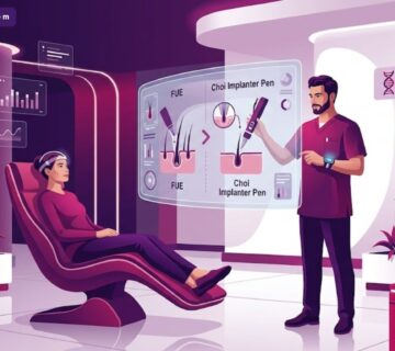 رسم توضيحي يوضح الفرق بين تقنية FUE وتقنية أقلام تشوي داخل عيادة طبية حديثة 
