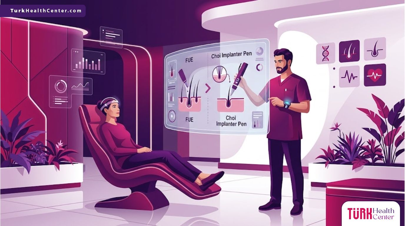 رسم توضيحي يوضح الفرق بين تقنية FUE وتقنية أقلام تشوي داخل عيادة طبية حديثة 