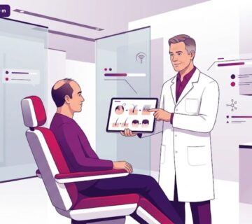 رسم توضيحي يظهر الفرق بين دكتور زراعة شعر واخصائي أثناء تقديم استشارة طبية في عيادة فاخرة 